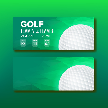 Coupon For Golf Tournament Game Template Vector. White Golf Ball And Information Of Participant Competition, Gate, Raw And Place Design On Green Flyer Invitation. Realistic 3d Illustrationのイラスト素材