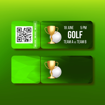 Ticket Tear-off Coupon For Golf Tournament Vector. Golden Goblet And White Golf Ball Isolated On Dark Green Certificate For Final Of International Championship Sport Event. Realistic 3d Illustrationのイラスト素材