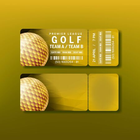 Ticket For Premier League Golf Tournament Vector. Golden Ball On Bright Yellow Flyer Invitation In Golf Club With Bar Code And Venue Details. Modern Template Realistic 3d Illustrationのイラスト素材