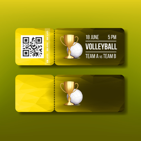Ticket With Tear-off Coupon On Volleyball Vector. Ball And Golden Cup, Date And Time, Playing Teams And Qr Code Depicted On Colorful Ticket. Design Voucher Realistic 3d Illustrationのイラスト素材
