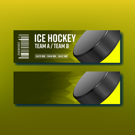 Colorful Ticket On Ice Hockey Template Vector. Black Hockey Puck And Information Of Sport Competition Depicted On Bright Certificate Voucher. Design Card Flyer Realistic 3d Illustrationのイラスト素材