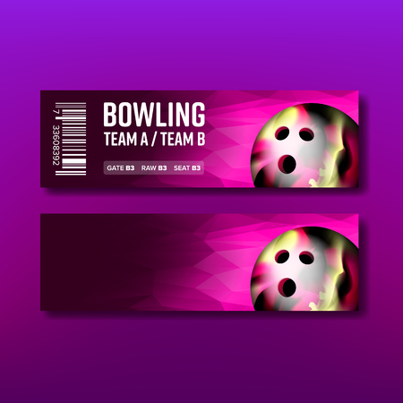 Purple Ticket On Bowling Game Template Vector. Gift Voucher Certificate Invitation For Watching Tournament Of Bowling Competition In Club. Design Flyer Template Realistic 3d Illustrationのイラスト素材