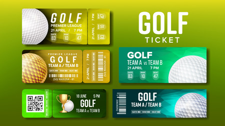 Stylish Design Tickets Visit Golf Game Set Vector. Collection Of Colorful Tickets Coupons For National Competition Decorated Playing Ball, Barcodes And Venue Details. Realistic 3d Illustrationのイラスト素材