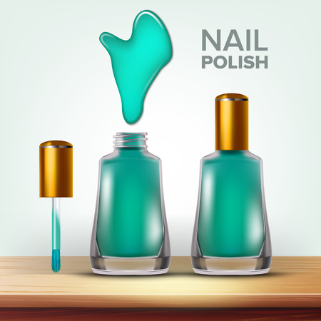 Bottle Of Green Nail Polish Female Cosmetic Vector. Elegant Closed And Opened Full Glassy Vial, Splash Blur And Tassel For Care Nail. Fashion Decorate For Woman Manicure 3d Illustrationのイラスト素材