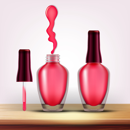Bottle Of Rose Nail Polish Female Cosmetic Vector. Full Closed And Opened Glassy Container On Wooden Table, Tassel And Blur Of Cosmetic Lacquer. Woman Fashion Enamel 3d Illustrationのイラスト素材