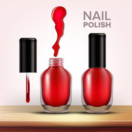 Bottle Of Red Nail Polish Female Cosmetic Vector. Full Closed And Opened Glassy Vial With Black Cap On Top And Colorful Blot Of Cosmetic Fashion Liquid. Paint Woman Accessory 3d Illustrationのイラスト素材