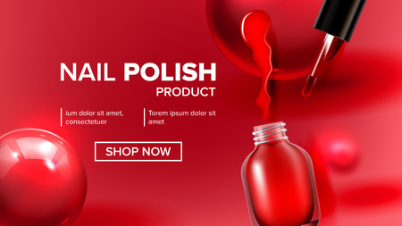 Red Nail Polish Product Vial Landing Page Vector. Glassy Bottle, Tassel, Bright Blot And Balls Depicted On Woman Nail Fashion Cosmetic Website Or Web Page. Realistic 3d Illustrationのイラスト素材