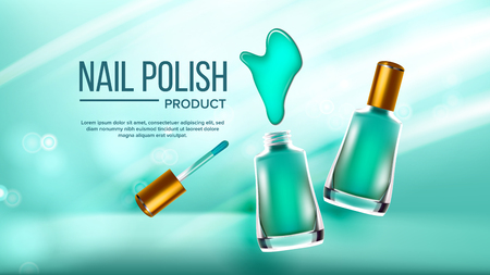 Bottle Of Green Nail Polish Cosmetic Banner Vector. Elegant Closed And Opened Full Glassy Vial, Cosmetic Splash Blure And Tassel With Golden Cap On Top. Manicure Accessory 3d Illustrationのイラスト素材