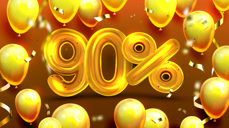 Ninety Percent Or 90 Benefit Offer Sale Vector. Discount Bonus Poster, Benefit Rate Promotion Of Black Friday Decorate Yellow Air Balloons And Confetti. Realistic 3d Illustrationのイラスト素材
