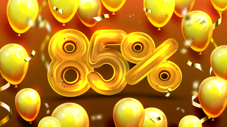 Eighty Five Percent Or 85 Benefit Offer Vector. Discount Bonus Banner, Benefit Rate Sale Promotion Of Store Opening Day Decorate Golden Shiny Balloons And Confetti. Realistic 3d Illustrationのイラスト素材