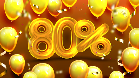 Eighty Percent Or 80 Special Sale Offer Vector. Finance Marketing Poster, Special Economy Sale Promotion Of Winter Holidays Decorate Golden Shiny Balloons And Confetti. Realistic 3d Illustrationのイラスト素材