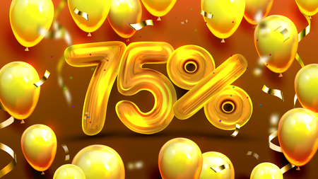 Seventy Five Percent Or 75 Special Offer Vector. Commercial Advertising Poster, Special Promotion Shop Of Seasonal Sale Decorate Golden Shiny Balloons And Confetti. Realistic 3d Illustrationのイラスト素材