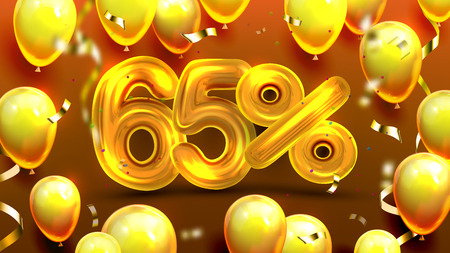 Sixty Five Percent Or 65 Marketing Offer Vector. Poster Of Commercial Marketing Proposal Economy With Yellow Number, Shiny Balloons And Confetti. Finance Offering Realistic 3d Illustrationのイラスト素材
