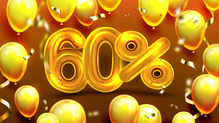 Sixty Percent Or 60 Marketing Sale Offer Vector. Banner Of Commercial Marketing Off Economy In Birthday Of Store, Shiny Balloons And Confetti. Unique Offering Realistic 3d Illustrationのイラスト素材