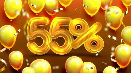 Fifty Five Percent Or 55 Marketing Offer Vector. Business Discount Campaign Banner, Shop Marketing Sale Off On Mother Day, Balloons And Confetti. Unique Offering Realistic 3d Illustrationのイラスト素材