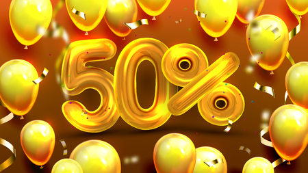 Fifty Percent Or 50 Marketing Xmas Offer Vector. Business Advertising Marketing Poster, Shop Promotion Christmas Sale With Yellow Balloons And Confetti. Unique Proposal Realistic 3d Illustrationのイラスト素材