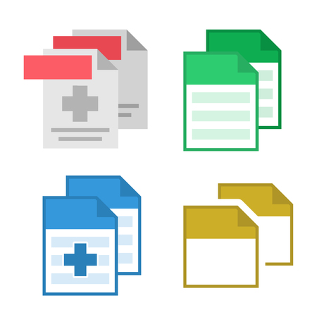 Collection Blank File Document Icon Set Vector. Design Patient Medical Text And Prescription Or Report File With Hospital Cross, Paper Page And Sticker. Colorful Concept Flat Illustrationのイラスト素材