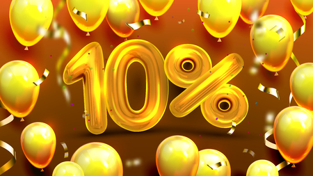 Ten Percent Or 10 Marketing Special Offer Vector. Business Sale Poster, Advertising Promo And Marketing Of Store Discount For Client Card With Yellow Balloons And Confetti. Realistic 3d Illustrationのイラスト素材