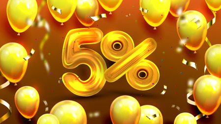 Five Percent Or 5 Marketing Special Offer Vector. Business Banner Advertising And Marketing Of Store Discount In Shop Or Restaurant With Golden Balloons And Confetti. Realistic 3d Illustrationのイラスト素材