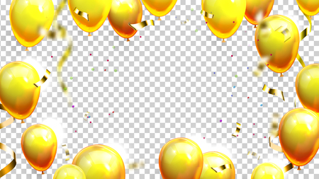Balloons And Confetti Decoration Banner Vector. Luxury Glossy Golden Helium Balloons Design Elements For Invitation Birthday Postcard Or Holiday Poster. Transparency Realistic 3d Illustrationのイラスト素材