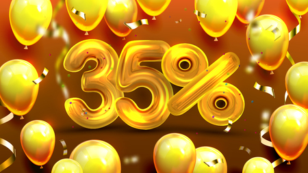 Thirty Five Percent Or 35 Marketing Offer Vector. Business Marketing Poster, Promotion Store Special Discount Of Sale With Golden Balloons And Confetti Decoration. Realistic 3d Illustrationのイラスト素材