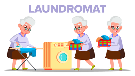 Electrical Washing Laundromat Appliance Vector. Character Old Woman Grandmother Dry In Laundromat And Stroking On Ironing Board Clothes. Housework Colorful Flat Cartoon Illustrationのイラスト素材