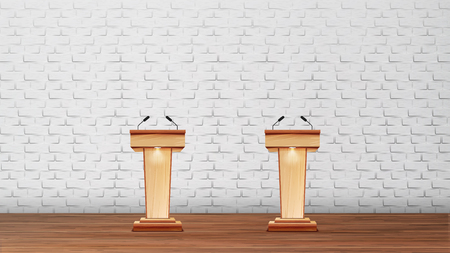 Interior Of Conference Room For Debates Vector. Equipment For Debates Wooden Podium Stages With Microphones For Speech Isolated On White Brick Wall Background. Realistic 3d Illustrationのイラスト素材