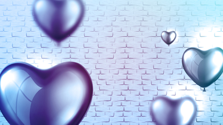 Bright Glossy Heart Balloon Poster Template Vector. Air Balloons, Foil Confetti And Brick Wall On Big Valentine Day Discount Store Banner. Realistic 3d Love Concept Illustrationのイラスト素材