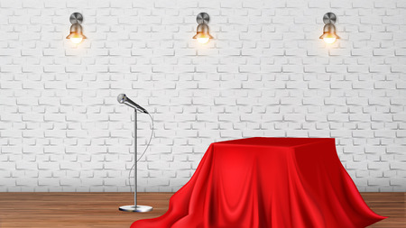 Studio Scene For Vocal Concert Or Tv Show Vector. Table Covered With Red Tablecloth, Classic Silver Microphone And Glowing Sconces On Brick Wall Elements For Scene. Realistic 3d Illustrationのイラスト素材
