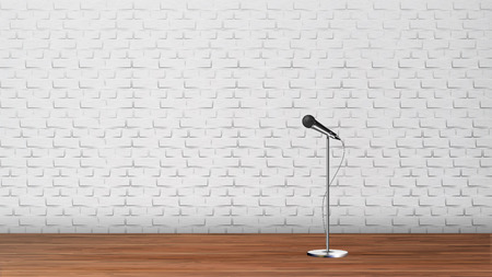 Platform For Stand Up Comedy Show Template Vector. Silver Metal Leg Microphone, Wooden Floor And White Brick Wall Interior Of Club Platform For Humor Performance. Realistic 3d Illustrationのイラスト素材