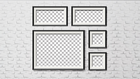 Modern Frames On Brick Wall Background Set Vector. Different Size And Shape Poster, Photo Or Picture Frames. Design Decoration For Office Or Store Interior Realistic 3d Illustrationのイラスト素材