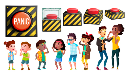 Panic Characters People And Red Button Set Vector. Different Size And View Alarm Danger Knob, Multiethnic Scared, Panic And Stressed Children And Adult Person Group. Design Flat Cartoon Illustrationのイラスト素材