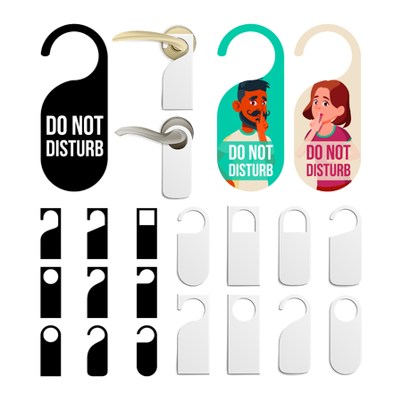 Do Not Disturb Door Knob Hanging Signs Set Vector. Black And White Blank Collection Flyer And Character Man And Woman Depicted On Colorful Label With No Disturb Request. Flat Cartoon Illustrationのイラスト素材