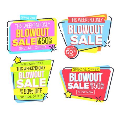 Closeout Sale Template Banner In Frame Set Vector. Creative Marketing Sale Promotion Innovative Colored Text Boxes Mention Modern Typography Design. Color Paper Voucher Flat Cartoon Illustrationのイラスト素材
