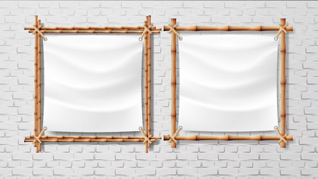 Blank White Canvas In Bamboo Frames Set Vector. Picture Or Photo Square Frames Isolated On Brick Wall Background. Design Exotic Decoration For Room Or Studio Interior Realistic 3d Illustrationのイラスト素材