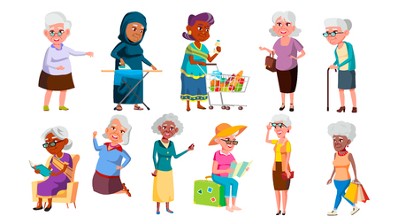 Collection Of Mulicultural Old Granny Set Vector. Happy Smiling Woman Granny Reading Book, Dancing And Jumping, Travelling And Walking, Ironing Clothes And Shopping. Flat Cartoon Illustrationのイラスト素材
