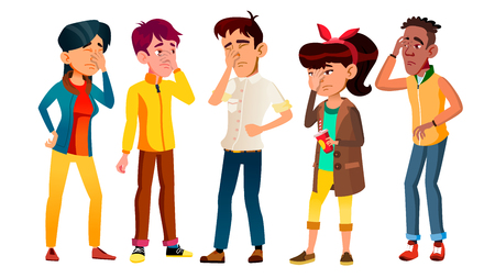 Ashamed Teenagers With Gesture Facepalm Set Vector. Collection Of Mulicultural Character Young People With Facepalm. Depression, Headache, Disappointment Or Shame Flat Cartoon Illustrationのイラスト素材