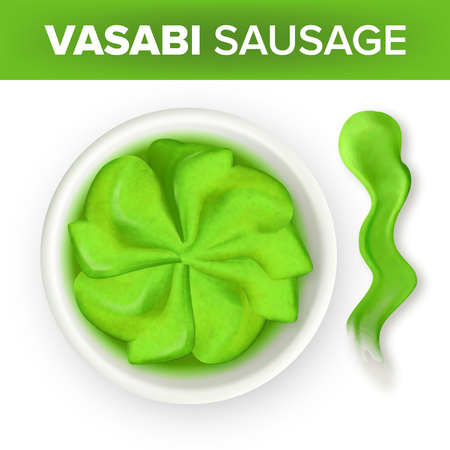 Wasabi Hot Mustard In Dip Bowl With Splash Vector. Traditional Japanese Green Natural Organic Spicy Wasabi For Asian Dishes And Sushi. Seasoning And Sauce Top View Realistic 3d Illustrationのイラスト素材