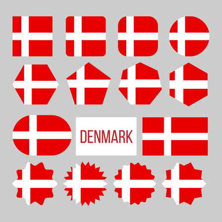 Denmark Flag Collection Figure Icons Set Vector. On Red Field Charged Background White Nordic Cross That Extends To Edges On National Symbol Of Denmark. Design Flat Cartoon Illustrationのイラスト素材