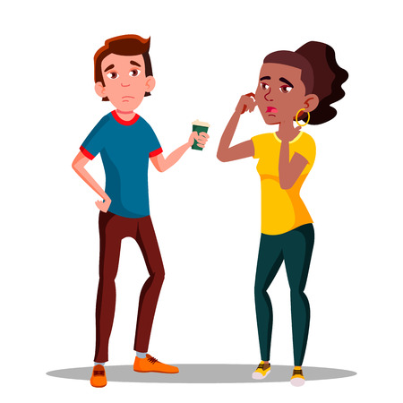 Sleepy Tired Characters Young Man And Girl Vector. Bored Yawning Woman And Displeased Sleepy Sad Boy With Cup Of Coffee. Exhausted Feeling After Sleepless Night Flat Cartoon Illustrationのイラスト素材