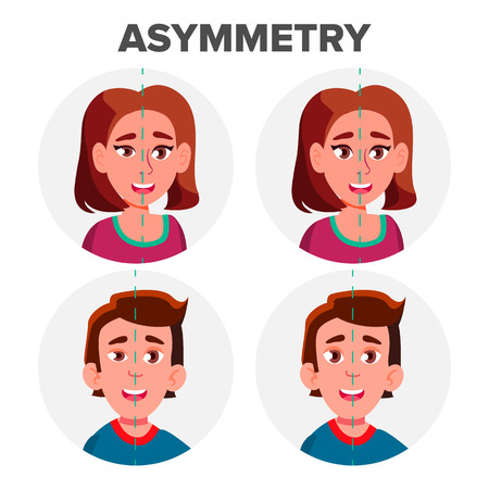 Eyes Asymmetry Of Character Man And Girl Vector. Young Boy Male And Woman Female Ptosis Eyelid Asymmetry. Before And After Operating Plastic Correction Surgery Flat Cartoon Illustrationのイラスト素材
