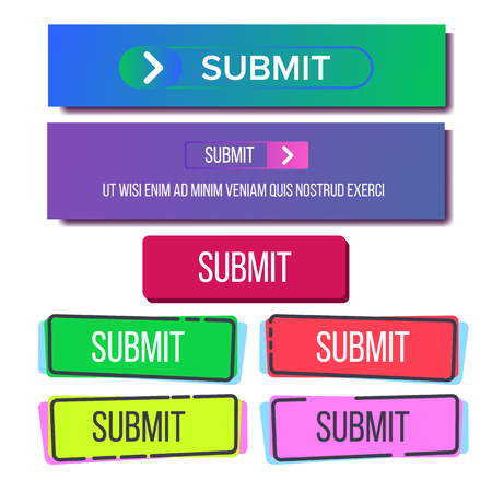 Collection Of Bright Button Submit Set Vector. Different Bright Design Trendy Detail For Web Interface Or Gradient Mobile App Submit. Stylish Modern Site Element Template Flat Illustrationのイラスト素材