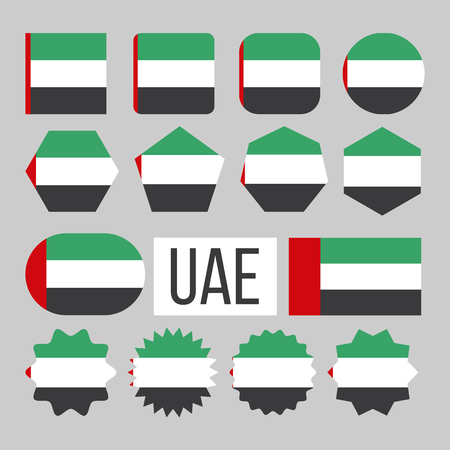 United Arab Emirates Flag Collection Set Vector. Horizontal Tricolor Of Green, White And Black With Vertical Width Red Bar At Hoist On National Symbol Flag Of Uae. Design Flat Cartoon Illustrationのイラスト素材