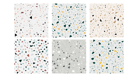 Terrazzo Flooring Seamless Patterns Set Vector. Collection Of Marble Rock Terrazzo Stone Texture Interior Or Exterior Design. Pebble Depiction For Ground Covering Decoration Flat Illustrationのイラスト素材
