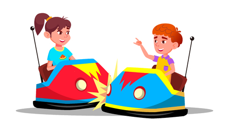 Characters Children Driving Bumper Car Vector. Happy Laughing Funny Boy And Girl On Bumper Auto Wheel Attraction At Amusement Park. Enjoyment Family Time Colorful Flat Cartoon Illustrationのイラスト素材