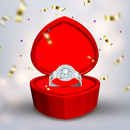 Diamond Silver Ring In Shape Of Heart Box Vector. Expensive Special Fashion Present For Beautiful Woman Ring With Reflection Gem. Luxury Accessory Decorated Golden Foil Realistic 3d Illustrationのイラスト素材