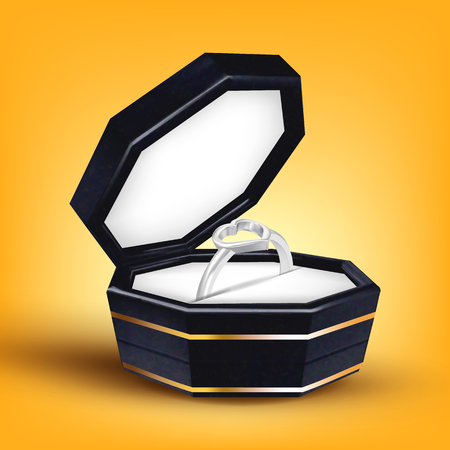 Silver Ring With Shape Of Heart In Box Vector. Bright Jewelry Ring Romantic Expensive Surprise Gift In Elegant Modern Black Packaging For Loving Girl On Birthday. Realistic 3d Illustrationのイラスト素材