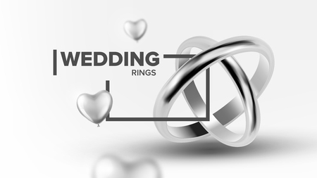 Platinum Jewelery Wedding Rings Banner Vector. Poster With Traditional Symbol Rings For Loving Marriage Couple Decorated Silver Helium Balloon. Luxury Accessory Realistic 3d Illustrationのイラスト素材