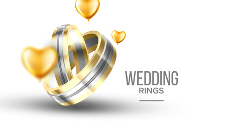 Wedding Golden With Platinum Rings Banner Vector. Special Symbolic Of Relationship Rings For Young Newly Couple Engaged Decorated Yellow Helium Balloons. Marriage Accessory Realistic 3d Illustrationのイラスト素材