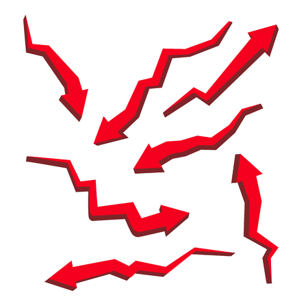Red Arrow Pointing Downward And Rising Set Vector. Design Statistic Graphic Chart Downtrend Symbol Element. Financial Market Downward, Crash And Falling. Diagram Direction Flat Cartoon Illustrationのイラスト素材